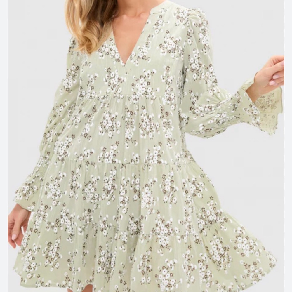 Pomander Place Floral Long Sleeve Dress in Light Green